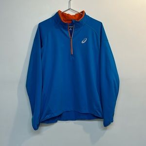 Asics brand men’s 1/4 zip sweater size L blue and orange color